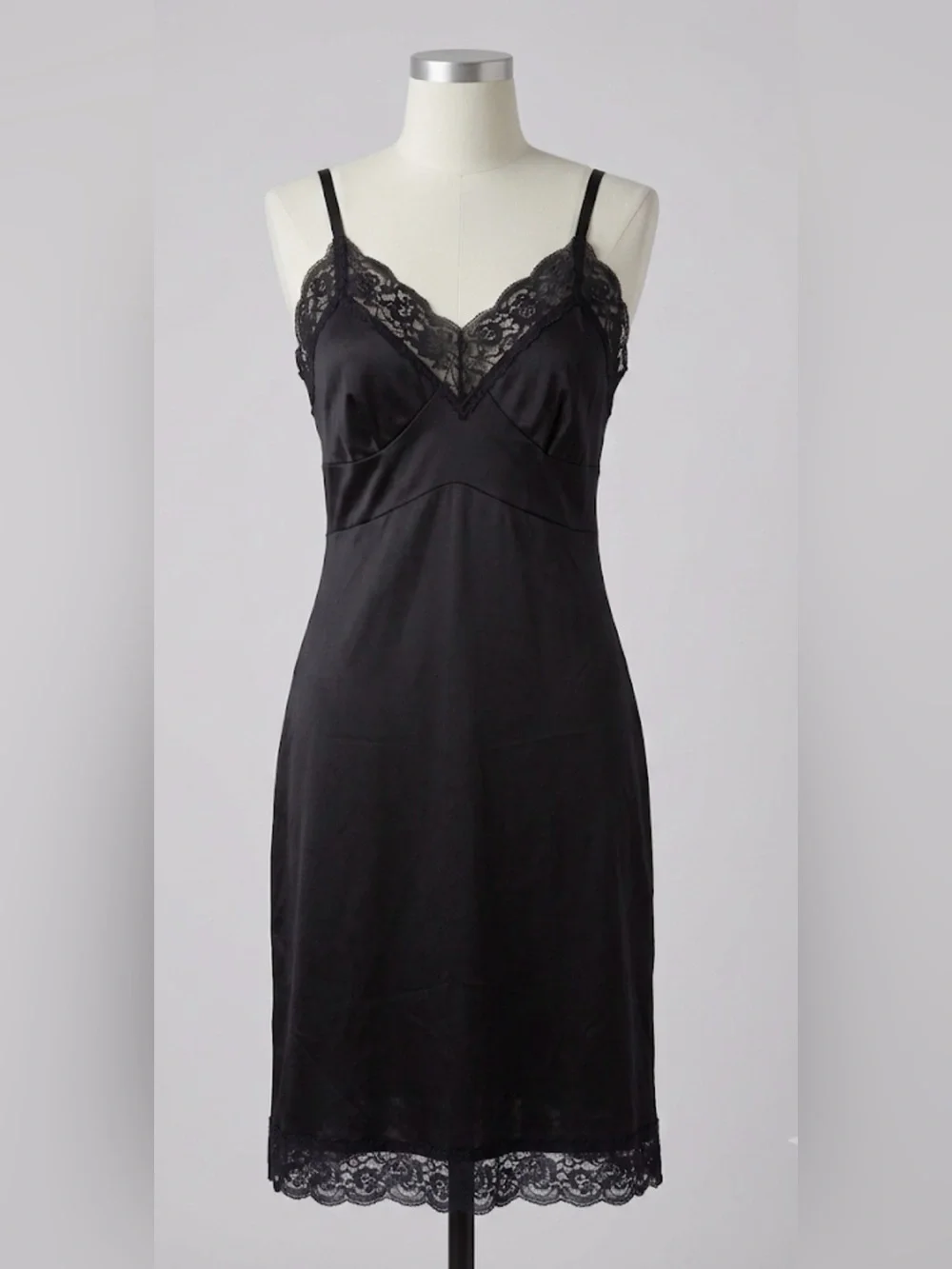 Vintage American Black Nylon Slip Dress with Lace Trim, Size Small Made In USA